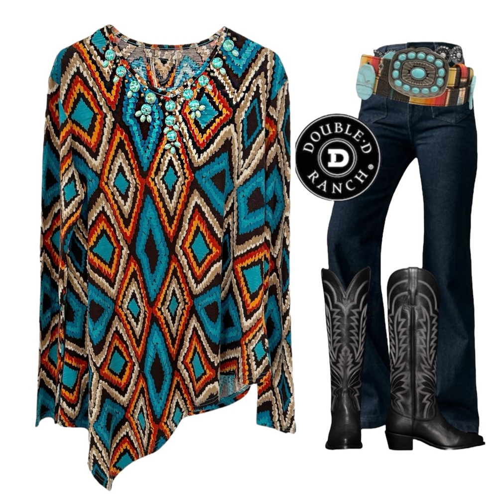 DOUBLE D RANCH DANCE FEATHERS TURQUOISE BEAD TOP SZ L